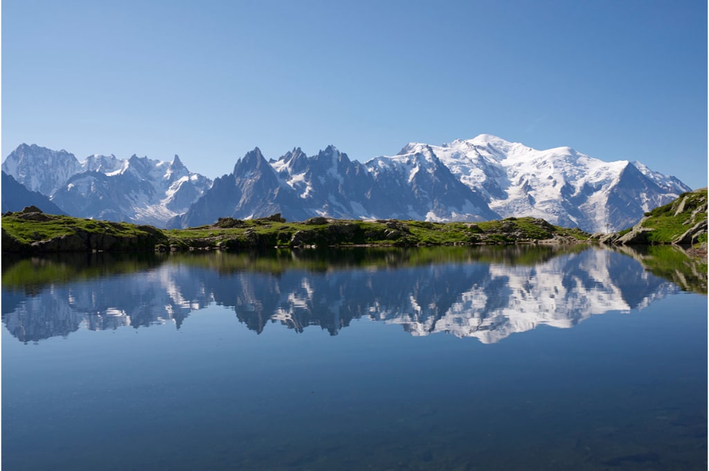 photo du mont blanc enneigé devant un lac qui reflète la chaine montagneuse