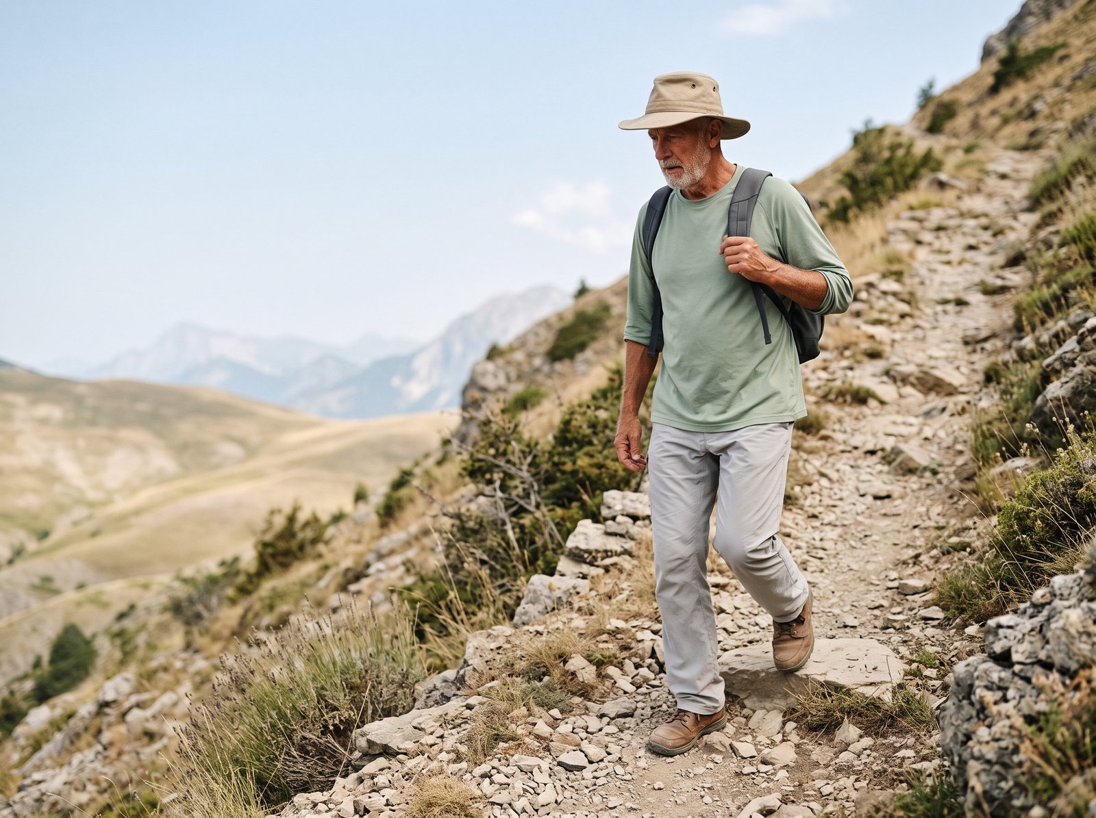 Randonneur d'une soixantaine d'années en chemise légère à manches longues, pantalon fin et chapeau à large bord, montant un sentier rocailleux sous le soleil d'été