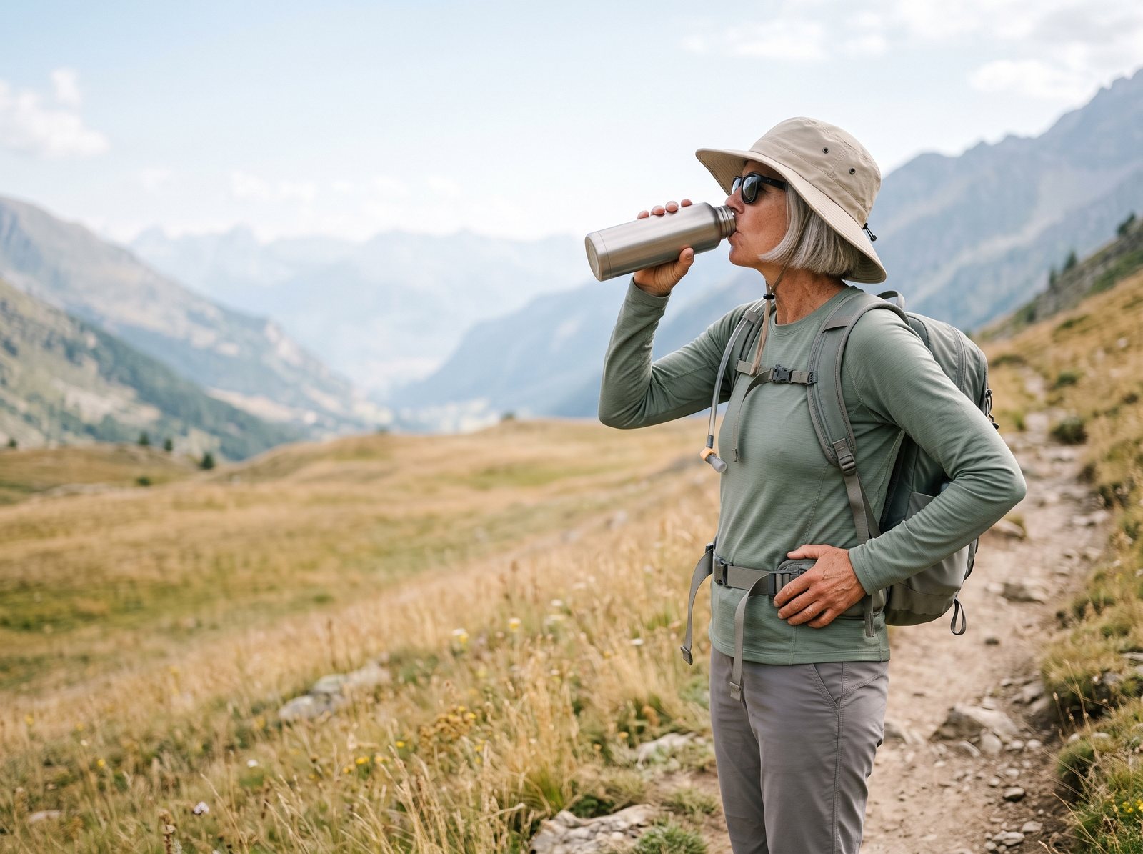 Randonneuse d'une cinquantaine d'années en chapeau à large bord sur un alpage des Écrins, buvant à une gourde en inox