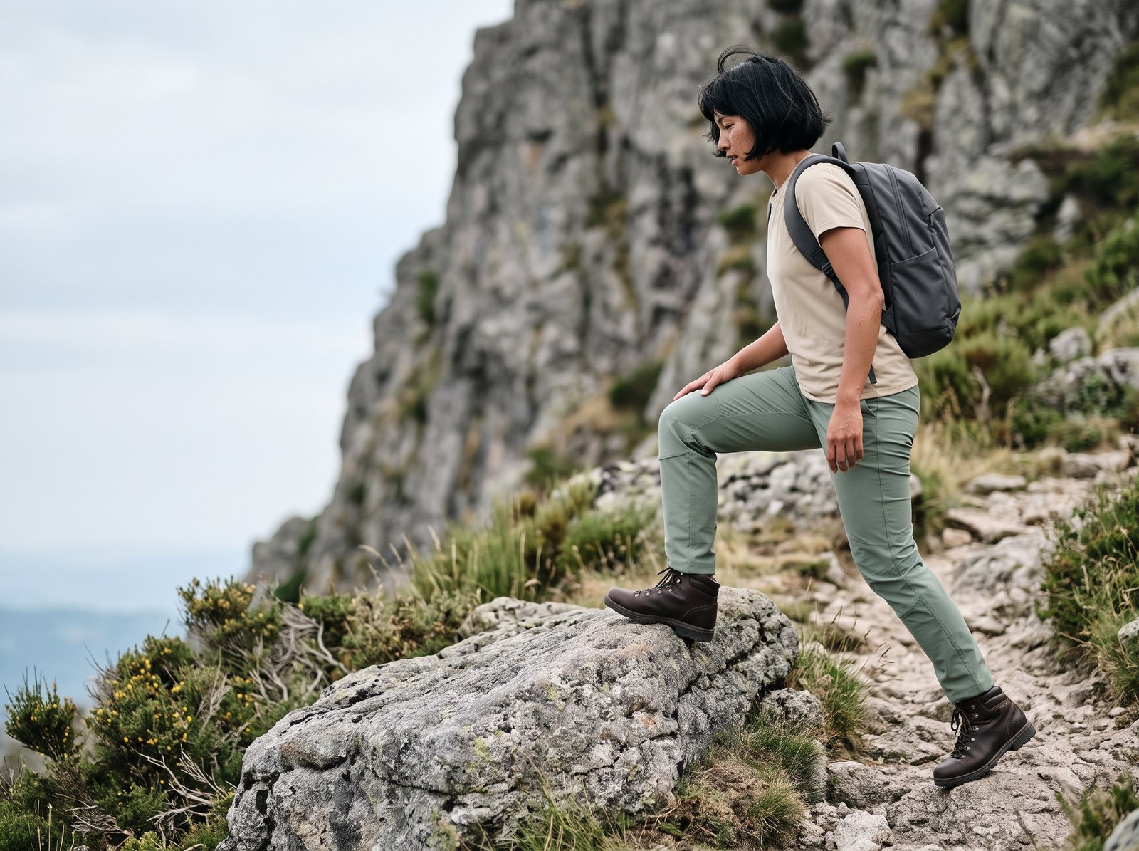 Randonneuse d'une vingtaine d'années montant sur un gros rocher de granit, le genou gauche plié dans un pantalon de randonnée extensible vert sauge