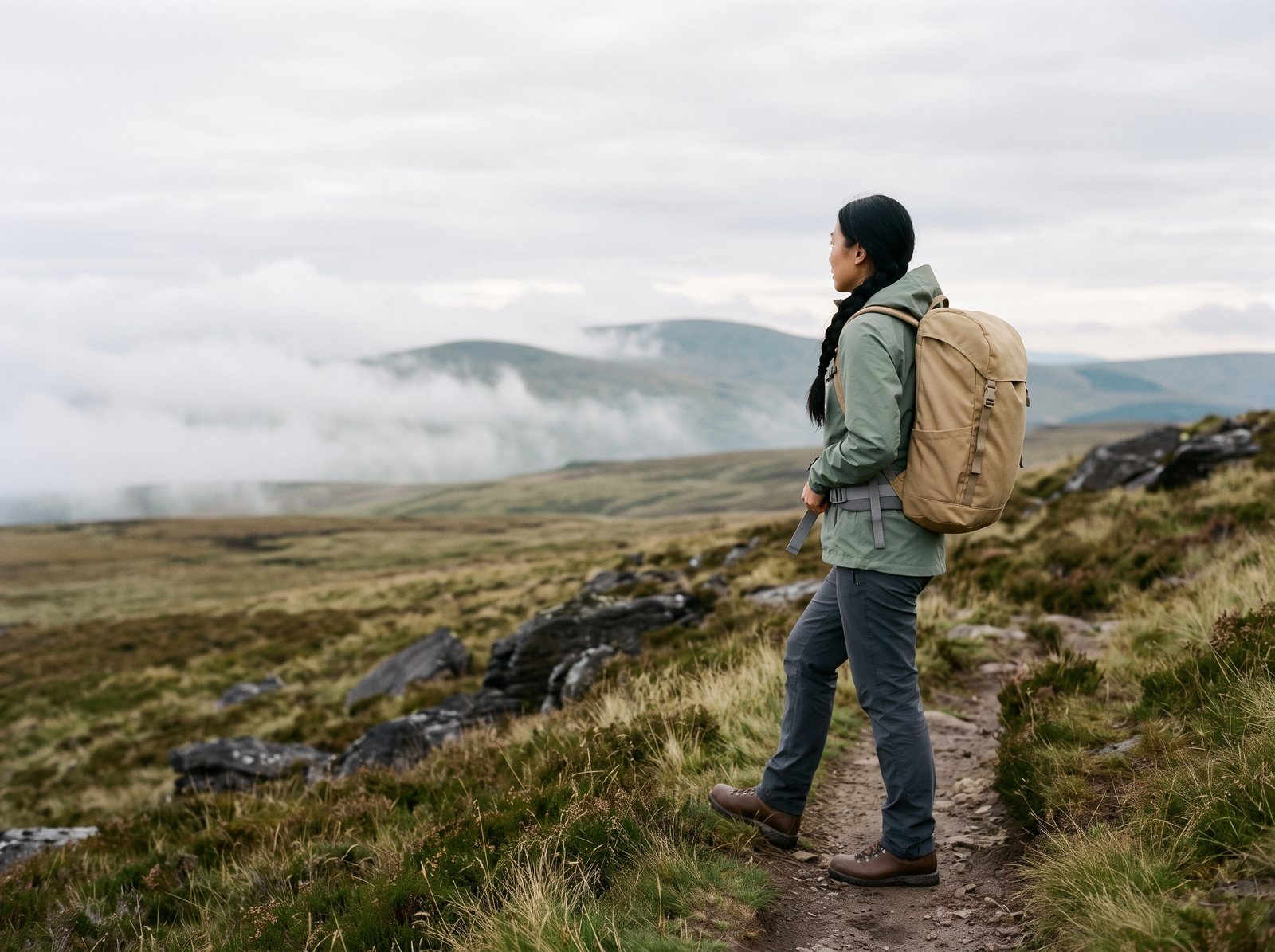 Randonneuse d'une vingtaine d'années sur un sentier de lande dans la brume du matin, veste imperméable et sac à dos