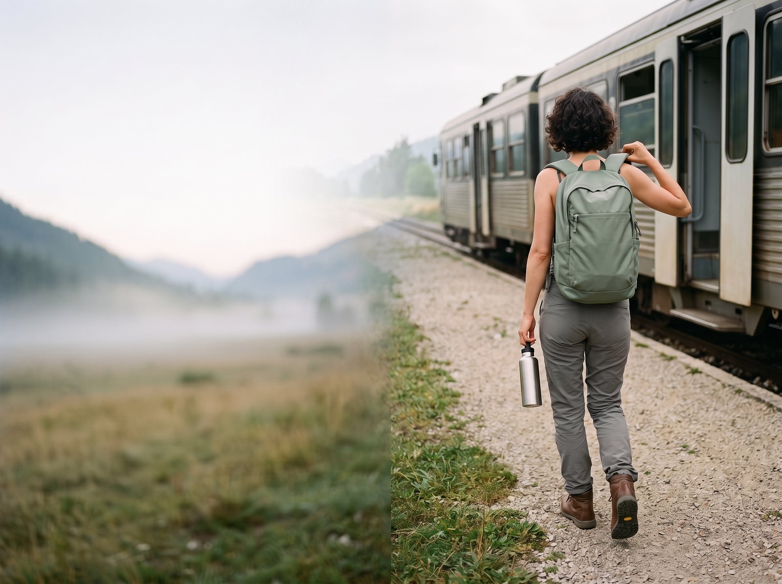 Randonneuse avec un sac à dos et une gourde en métal quittant une petite gare de montagne pour rejoindre un sentier dans les Alpes