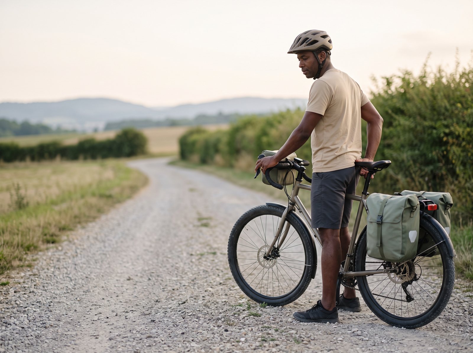 Cycliste debout à côté de son vélo de randonnée chargé de deux sacoches arrière sur une piste de campagne au pied du Jura