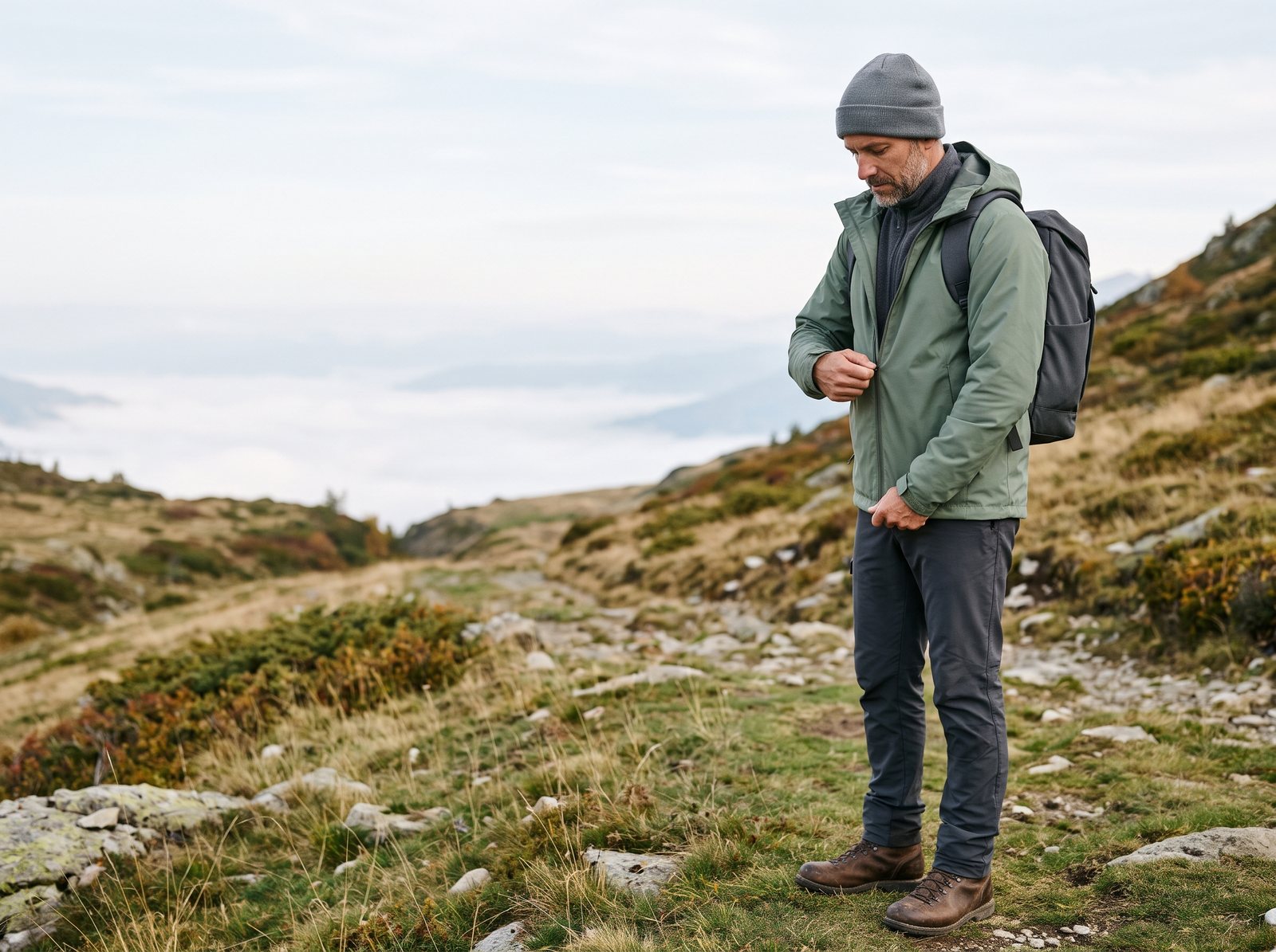 Randonneur d'une quarantaine d'années fermant sa veste imperméable vert sauge sur une polaire, bonnet sur la tête, sur un col de montagne dans la brume du matin