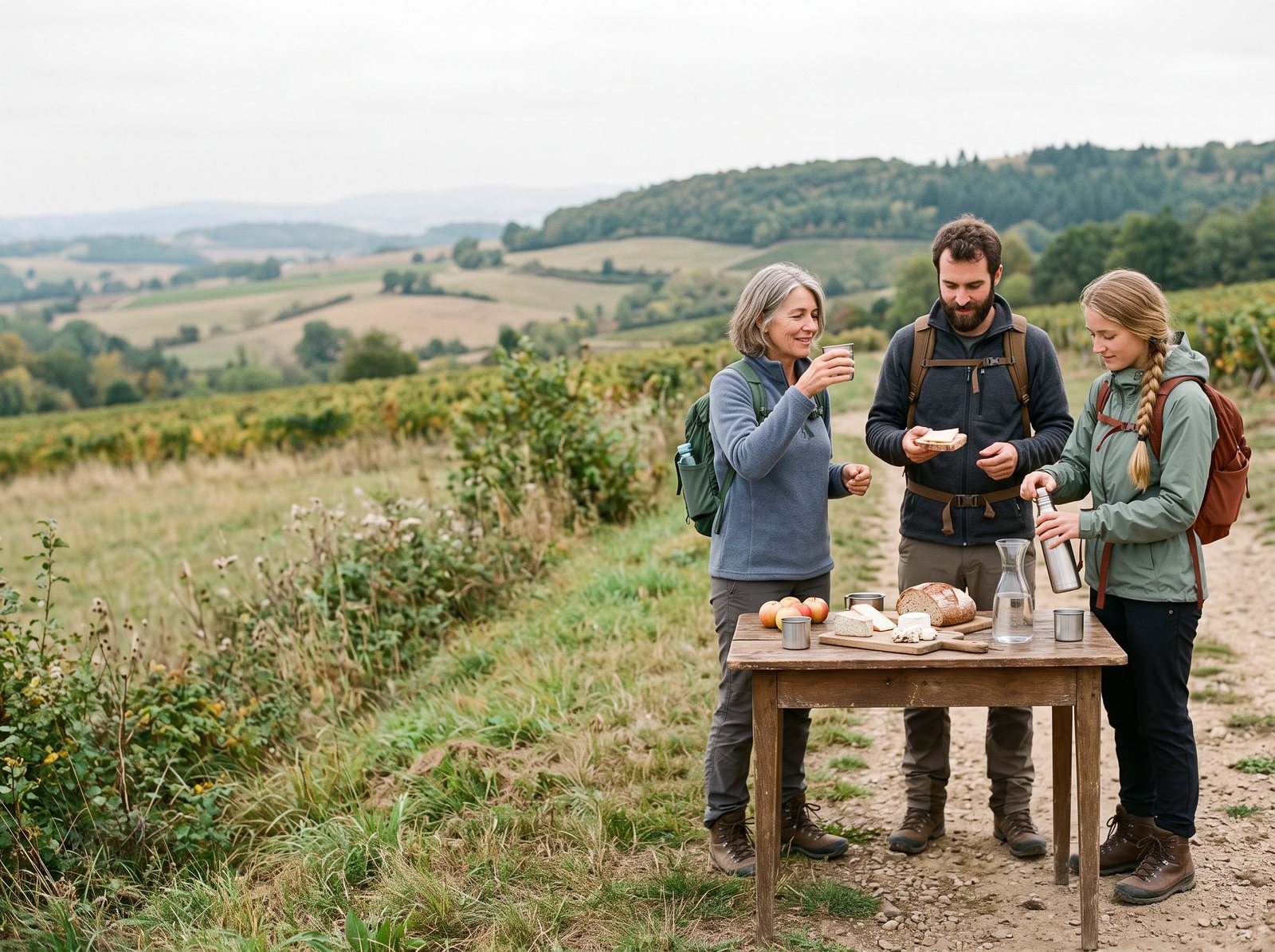 Trois randonneurs autour d'une table de dégustation en bois au bord d'un chemin de campagne, avec fromages, pain, fruits et carafe d'eau