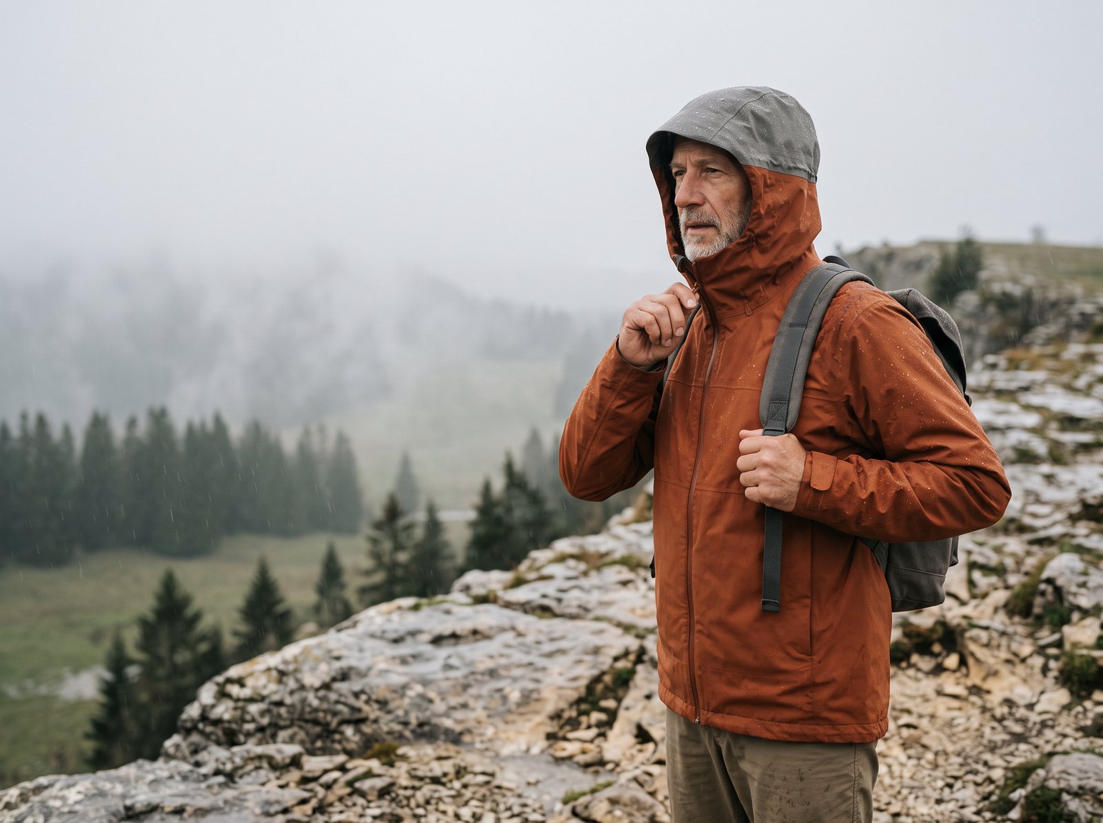 Randonneur d'une soixantaine d'années à barbe grise sur un plateau du Jura sous une pluie fine, remontant la fermeture de sa veste imperméable orange rouille, capuche ajustée, gouttes perlant sur les épaules