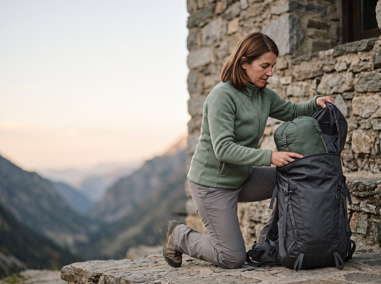 Randonneuse d'une quarantaine d'années agenouillée devant un refuge de pierre, glissant son sac de couchage au fond d'un sac à dos de trekking ouvert