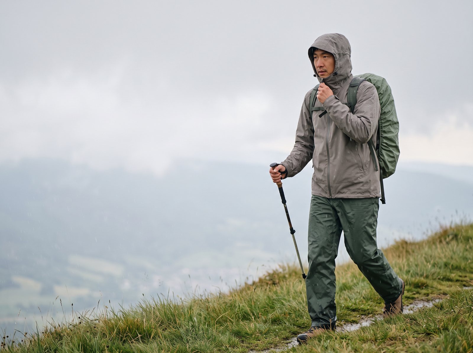 Randonneur sous une pluie fine sur un sentier de crête des Vosges, capuche de sa veste imperméable relevée et sac protégé par une housse de pluie