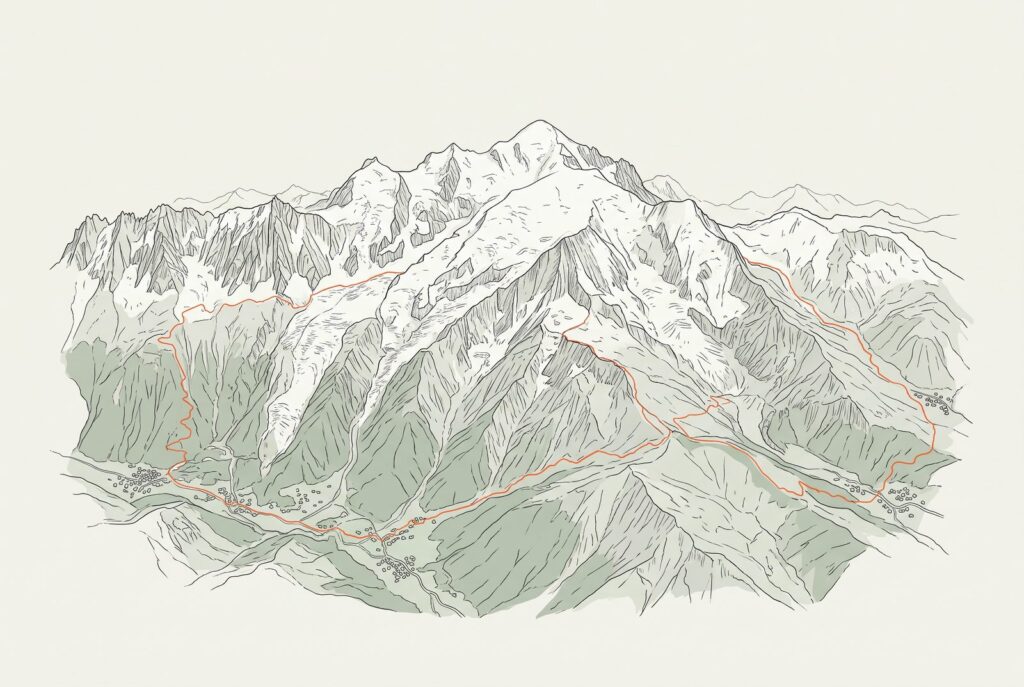 Illustration sur fond crème d'un massif glaciaire vu en relief, avec un sentier en boucle tracé en orange tout autour