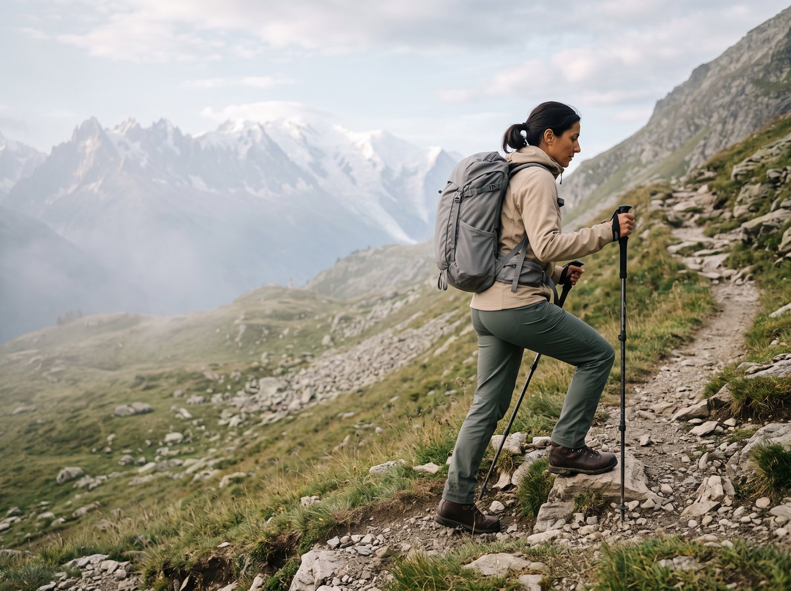 Randonneuse d'une trentaine d'années montant vers un col dans un alpage du massif du Mont-Blanc, sac à dos et bâtons